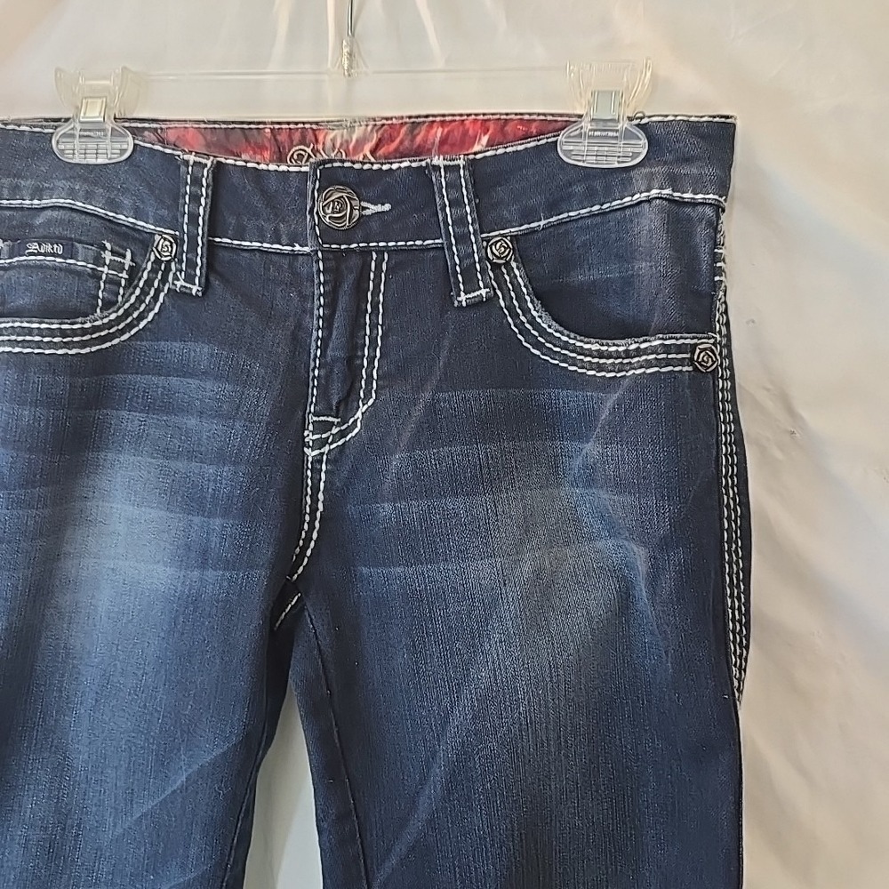 Adiktd Dark Wash Embroidered Rhinestone Studded Bootcut Jeans Size 6/33 Y2K - Picture 4 of 16